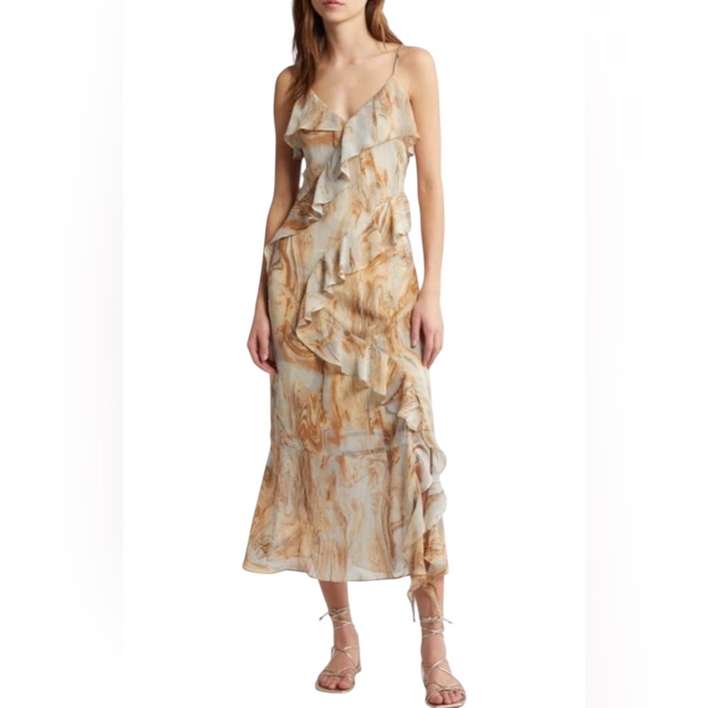 Blu Pepper Marble-Print Ruffle midi chiffon sunDress Beige/Tan size large
